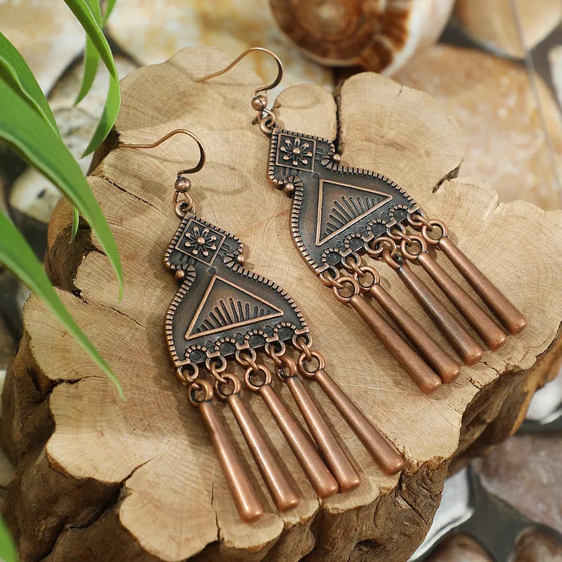 1- Oxidized Copper Tribal Earrings - Boho Earrings