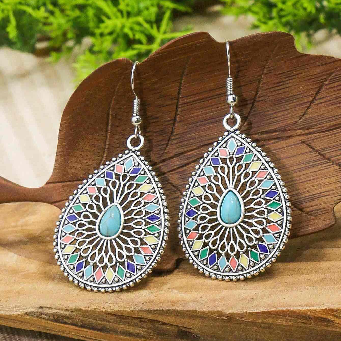 1- Rustic Turquoise Ethnic Drop Earrings - Waterdrop Metal Earrings