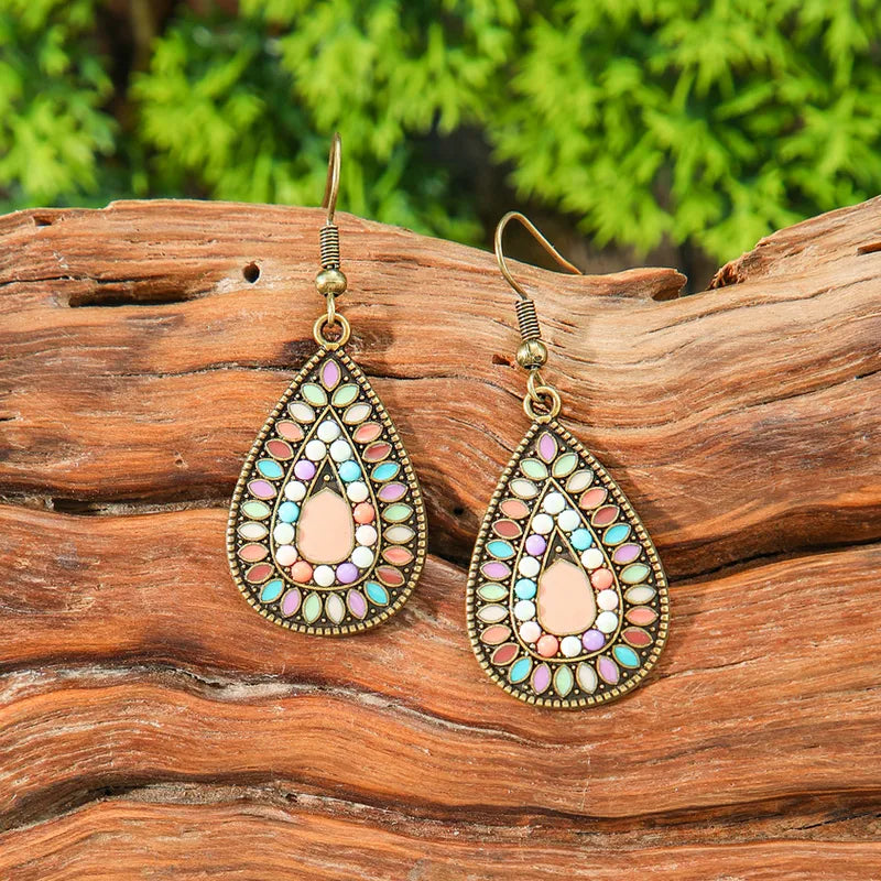 1- Boho Teardrop Earrings - Ethnic Metal Earrings(Pink)