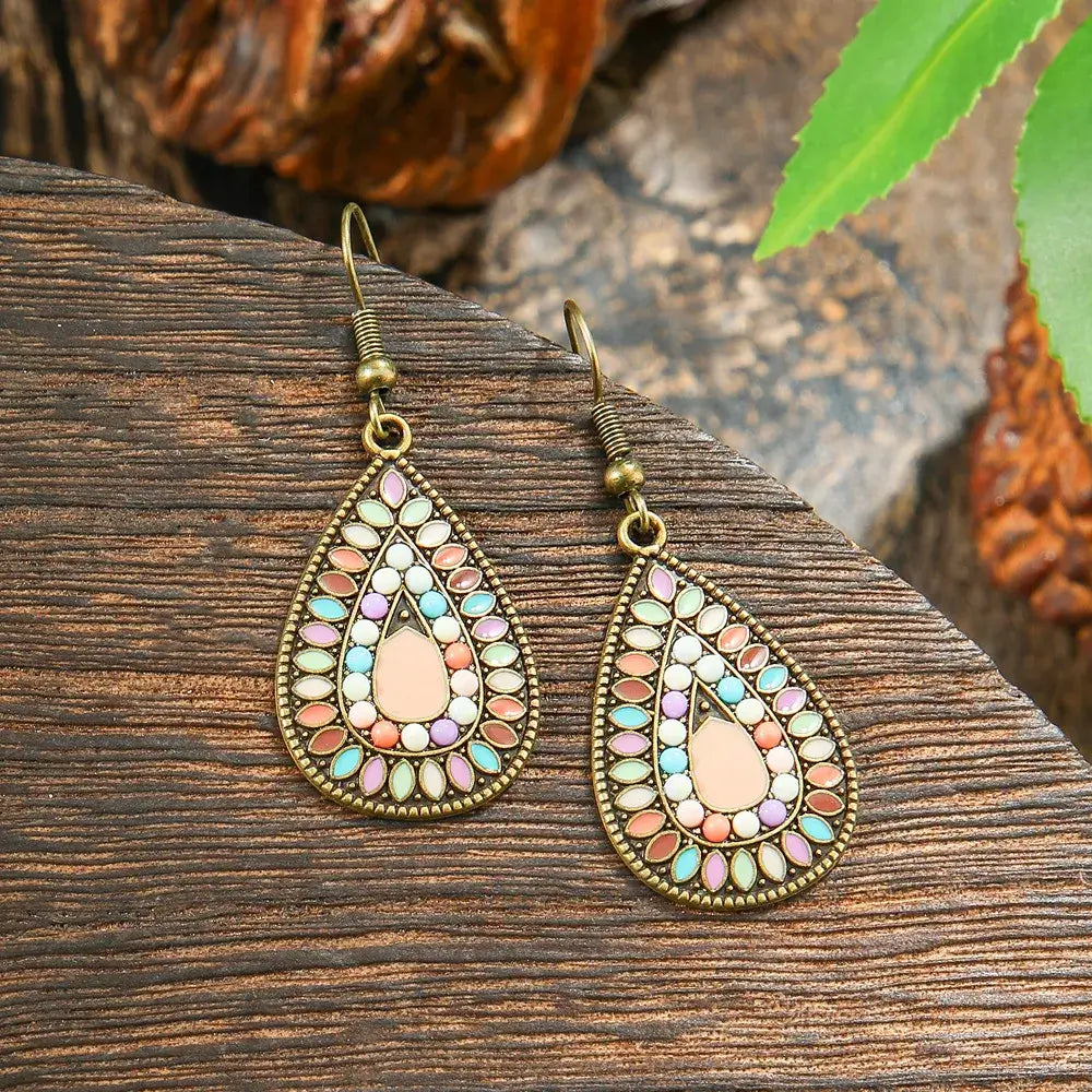 1- Boho Teardrop Earrings - Ethnic Metal Earrings(Pink)