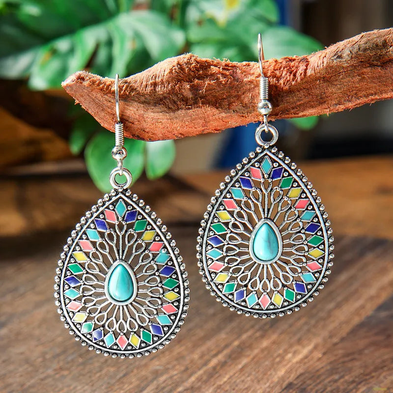 1-Ethnic Charm Oxidized Metal Drops - Silver-Toned Turquoise Earrings