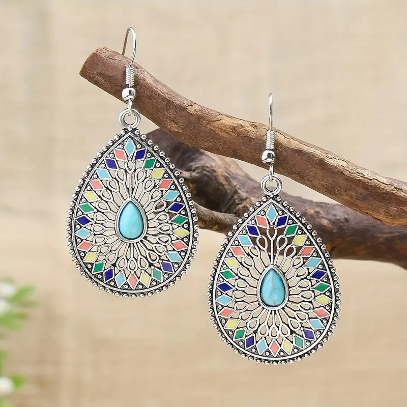 1-Ethnic Charm Oxidized Metal Drops - Silver-Toned Turquoise Earrings