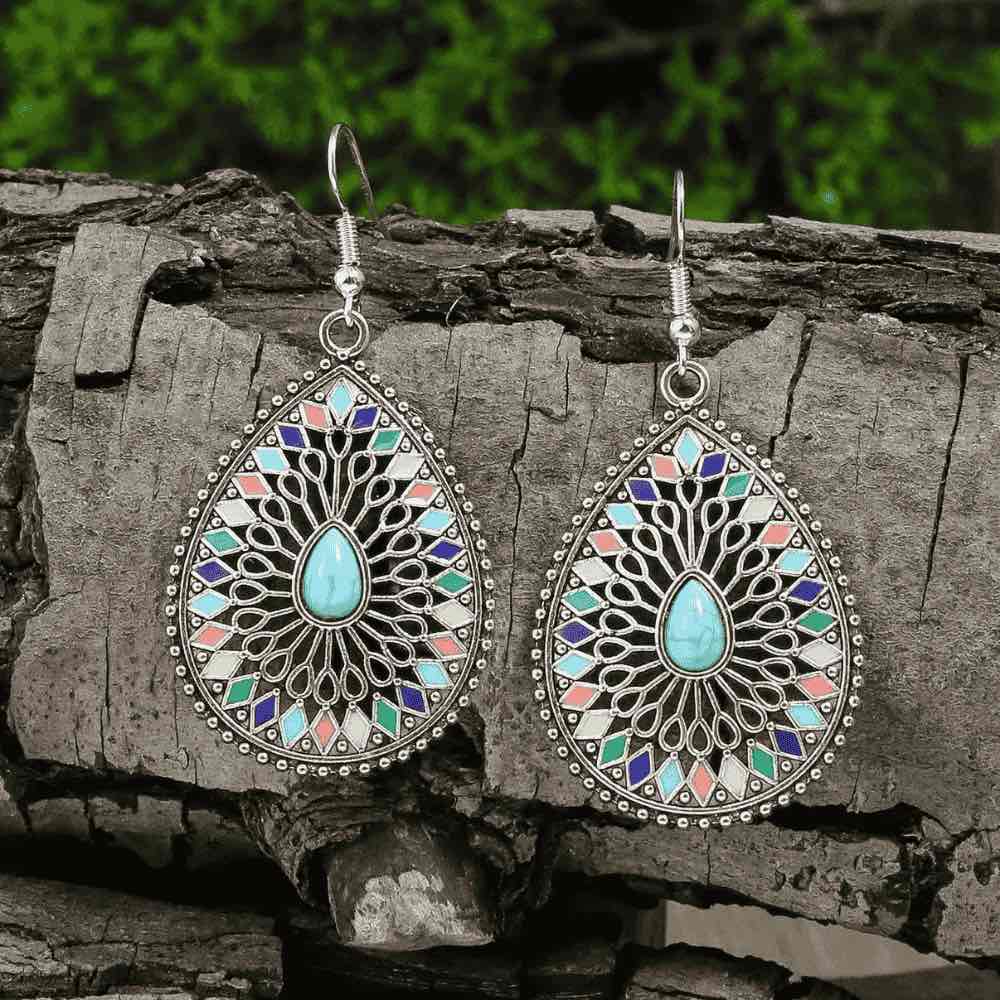 1-Ethnic Charm Oxidized Metal Drops - Silver-Toned Turquoise Earrings