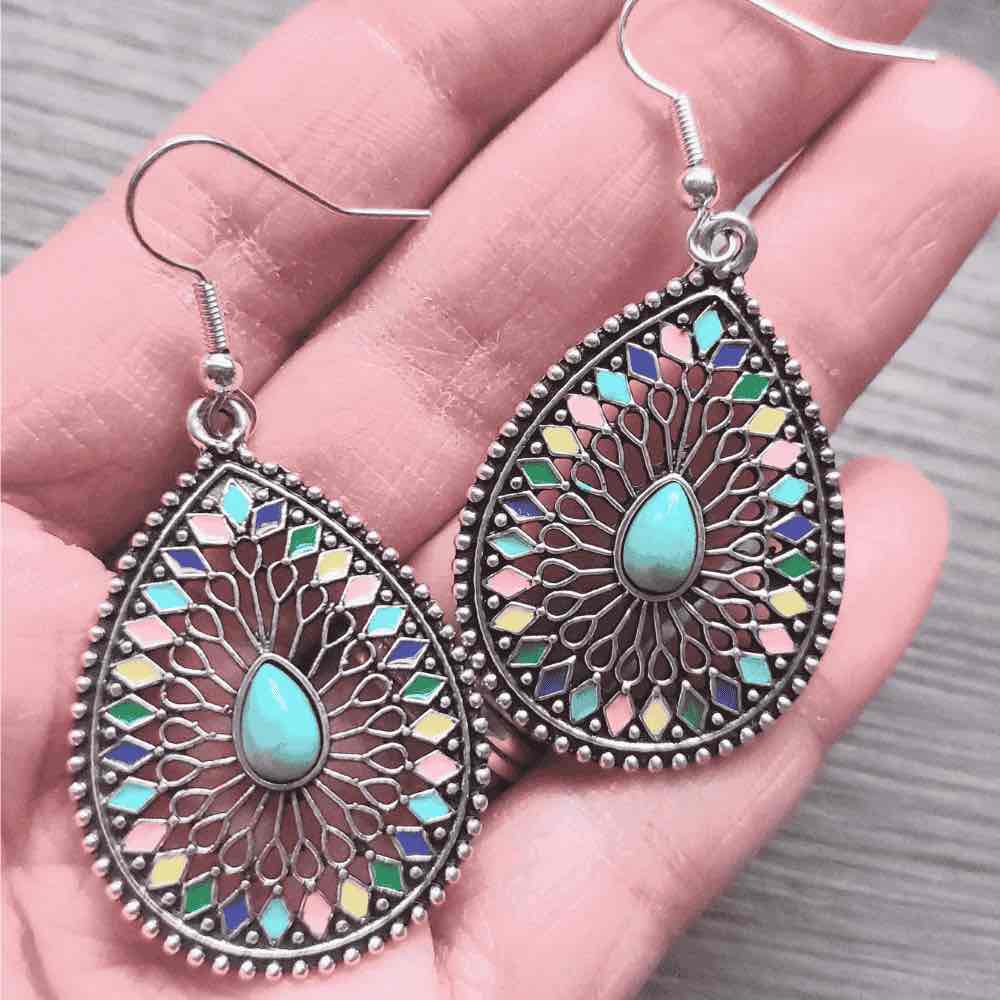 1-Ethnic Charm Oxidized Metal Drops - Silver-Toned Turquoise Earrings