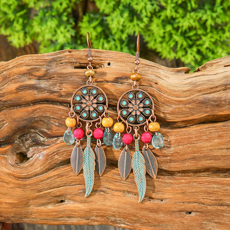 1- Boho Oxidized Chandelier Earrings - Feather and Beaded Earrings
