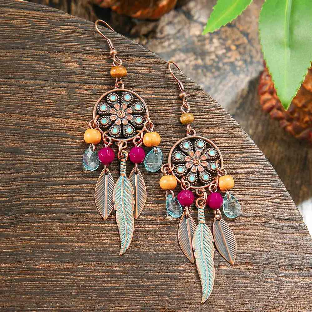 1- Boho Oxidized Chandelier Earrings - Feather and Beaded Earrings