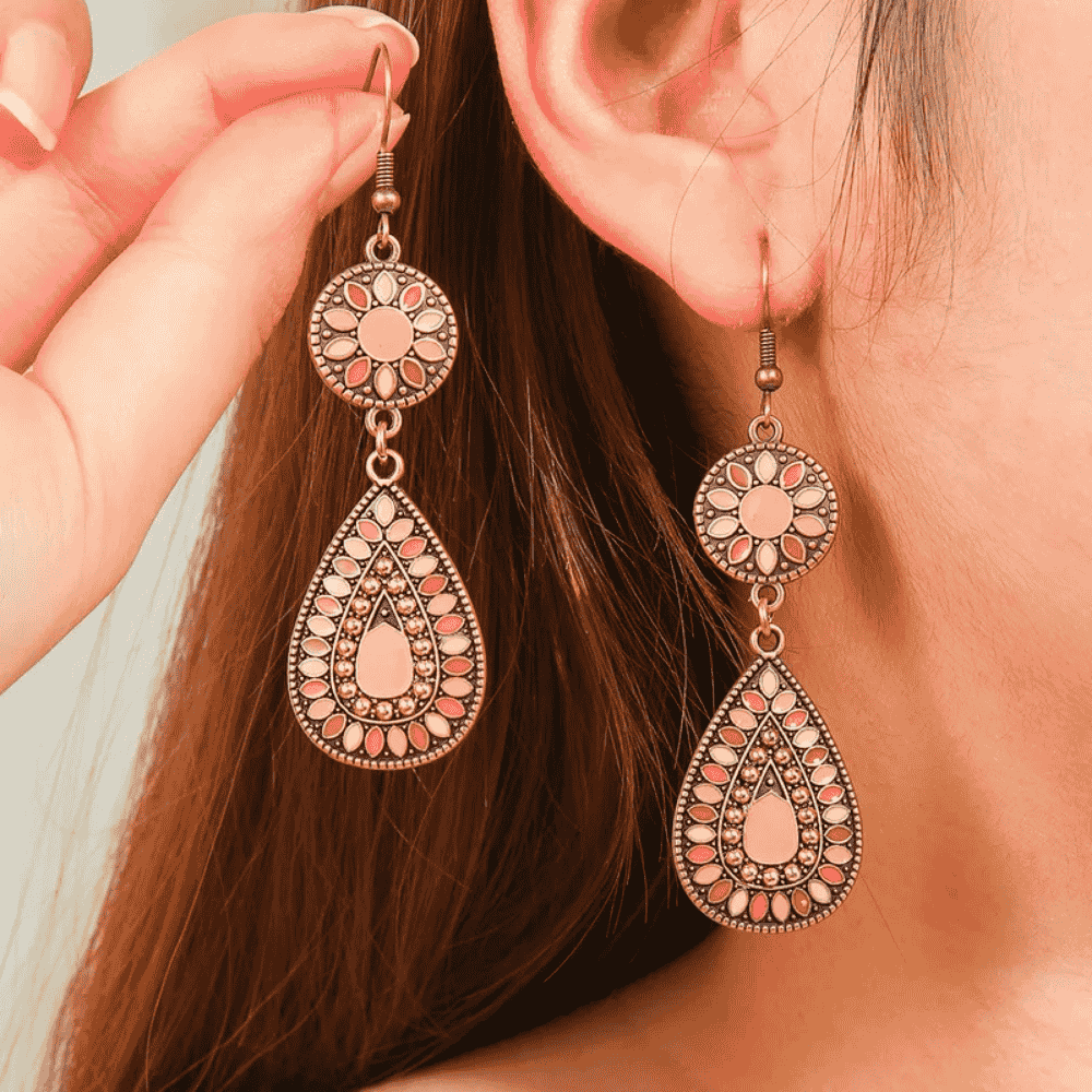 1- Traditional Indian Dangle Earrings - Boho Metal Earrings (Gold and Pastel)