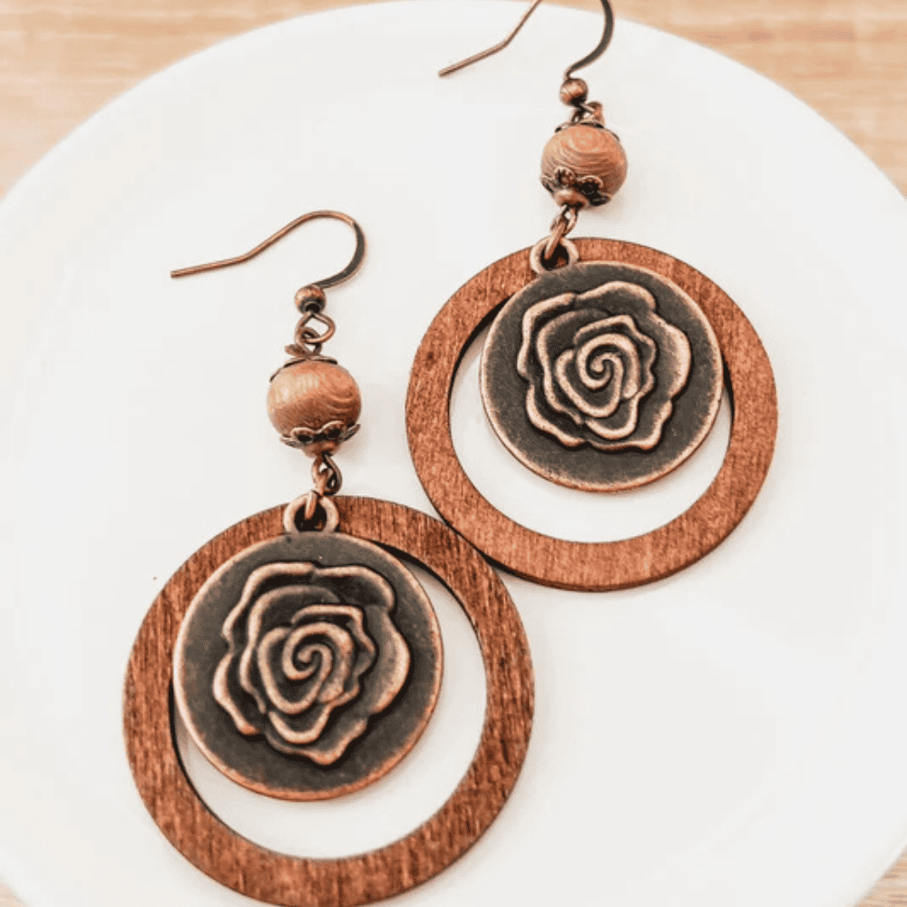 1- Boho Oxidized Gold Plated Earrings - Metal Rose Earrings