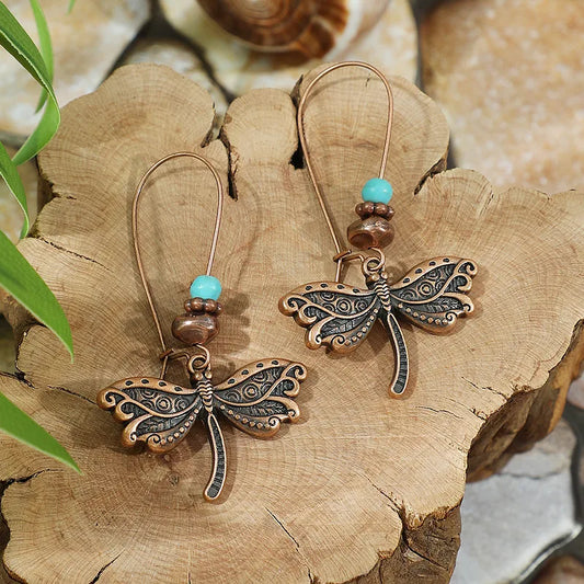 1- Boho Oxidized Copper Earrings - Dragonfly Metal Earring (Copy)