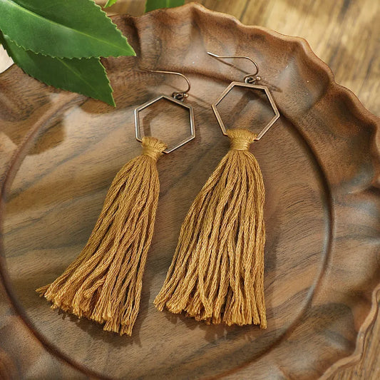 1- Boho Oxidized Copper Earrings - Hexagon Tassel Earrings