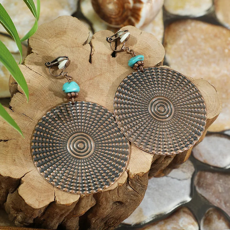 1- Boho Copper Oxidized Earrings - Tribal Handmade Disc Earrings