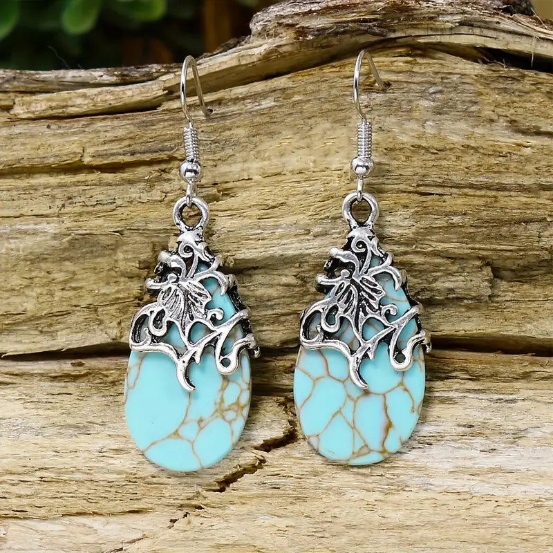 1-Turquoise Metal Drop Earrings-Dangle Earrings