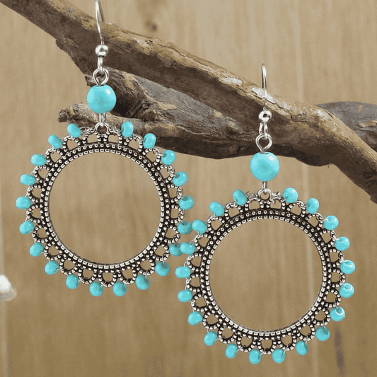 1- Boho Oxidized Silver Hoop Earrings - Turquoise Bead Earrings