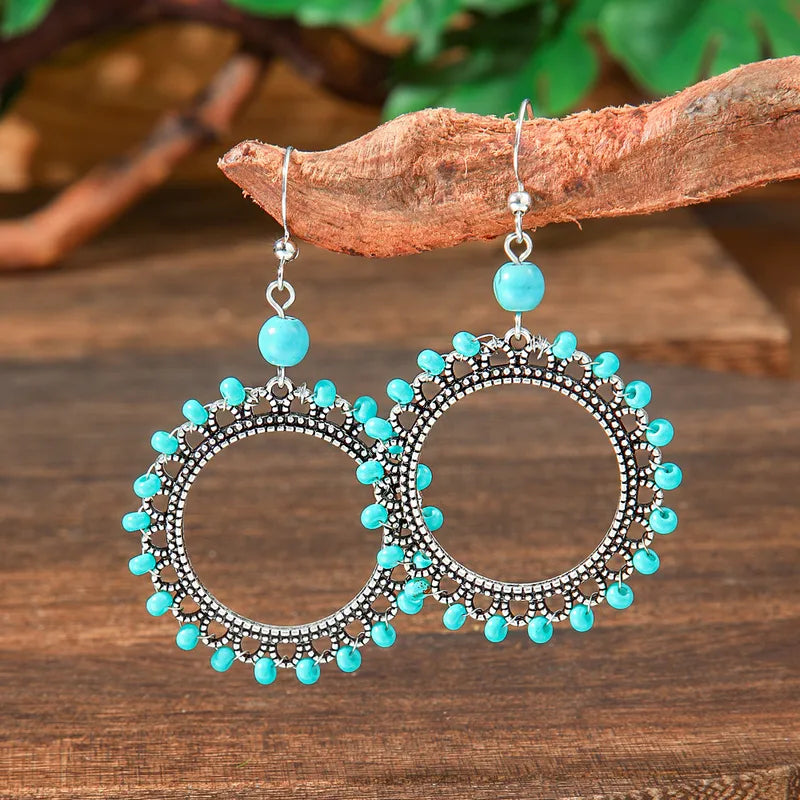 1- Boho Oxidized Silver Hoop Earrings - Turquoise Bead Earrings