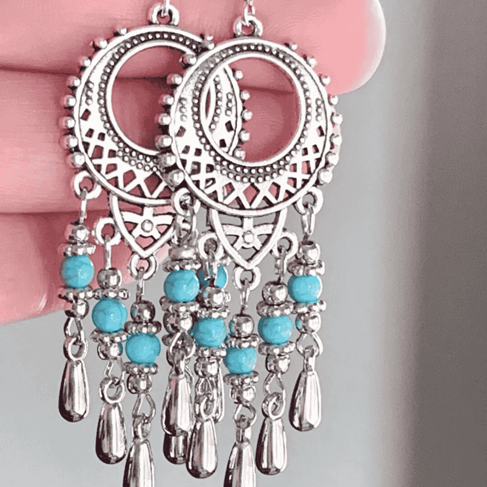 1- Ethnic Earrings for Women - Turquoise Metal Danglers