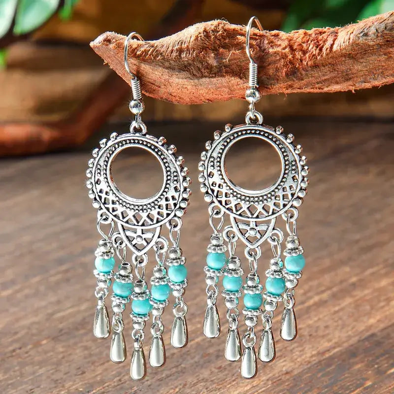 1- Ethnic Earrings for Women - Turquoise Metal Danglers