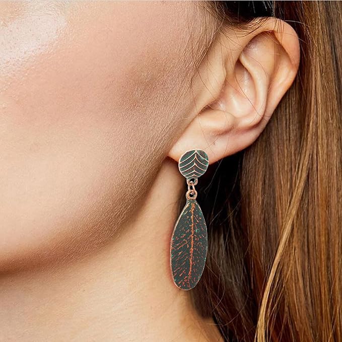 1- Oxidised Bronze Leaf Drop Earrings - Earrings for Women