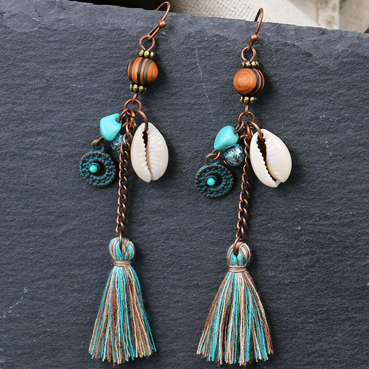1- Long Drop Shell Earrings - Oxidised Chain Earrings for women