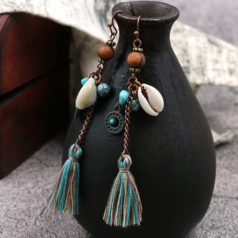 1- Long Drop Shell Earrings - Oxidised Chain Earrings for women