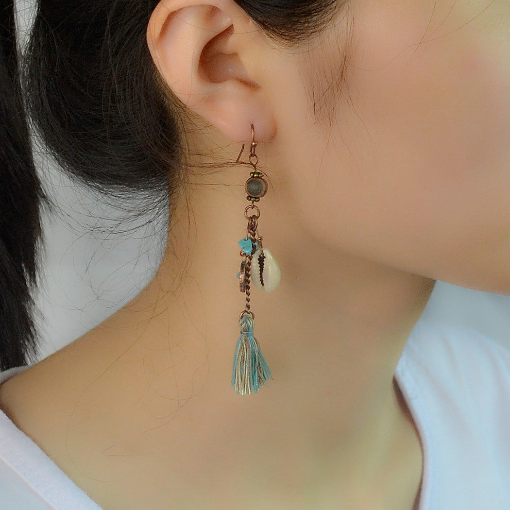 1- Long Drop Shell Earrings - Oxidised Chain Earrings for women