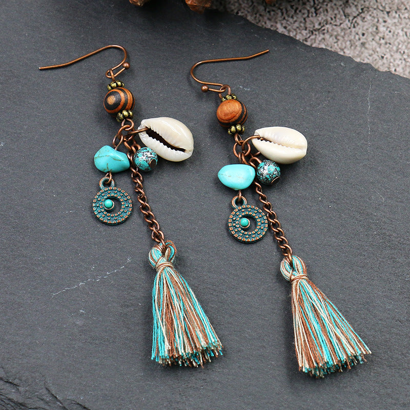 1- Long Drop Shell Earrings - Oxidised Chain Earrings for women
