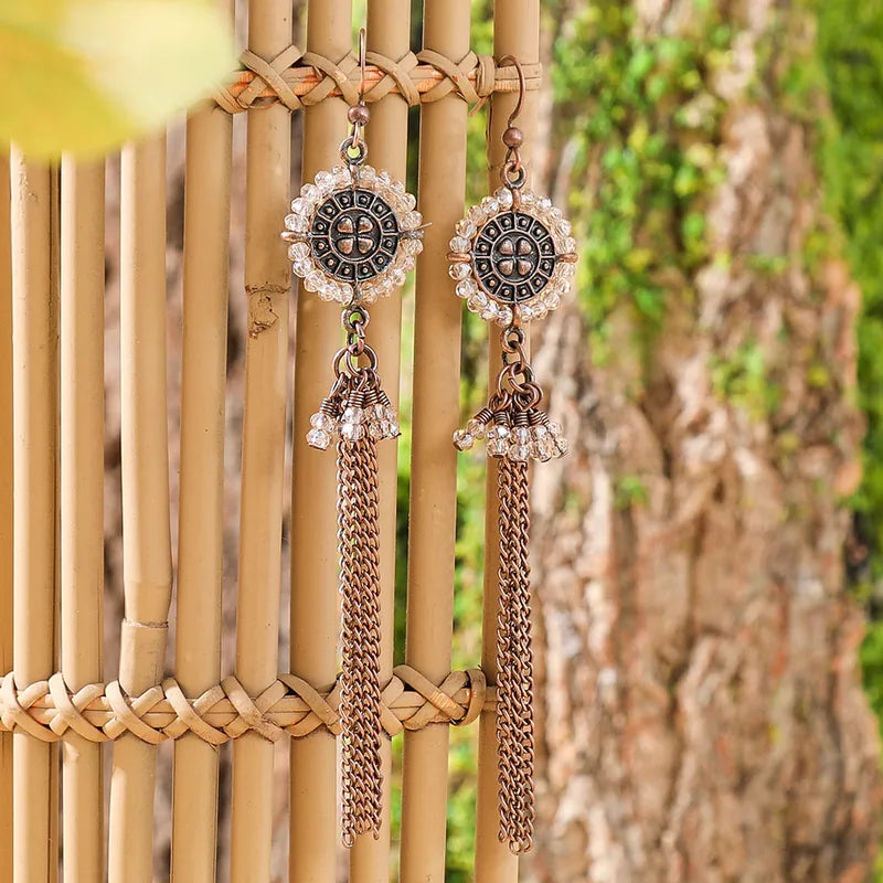 Bohemian Beaded Chain Long Earrings(Clear Beads)