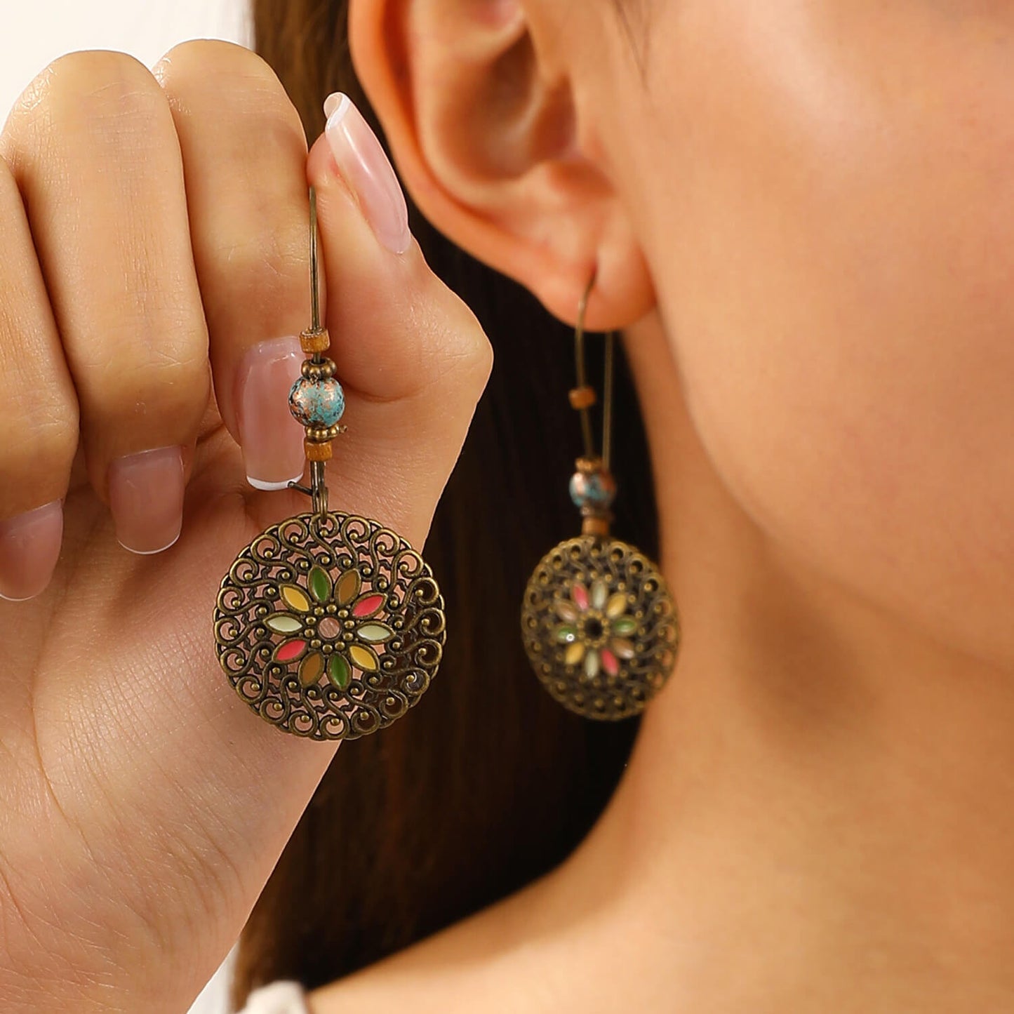 1- Dazzle Drama Handcrafted Ethnic Drops - Metal Round Earrings