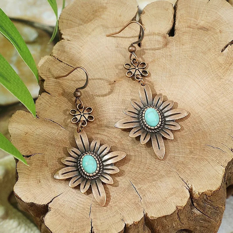 1- Boho Oxidized Turquoise Earrings - Floral Dangle Earrings