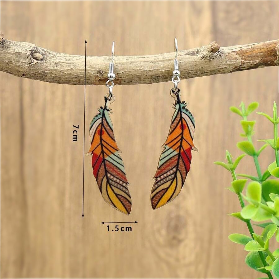 Boho Handmade Wooden Feather Earrings