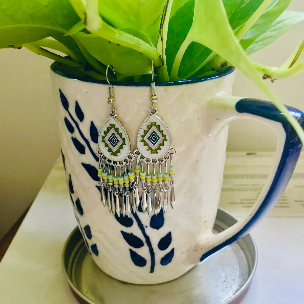 Ethnic Dangling Earrings-Light Green Earrings-Silver Earrings