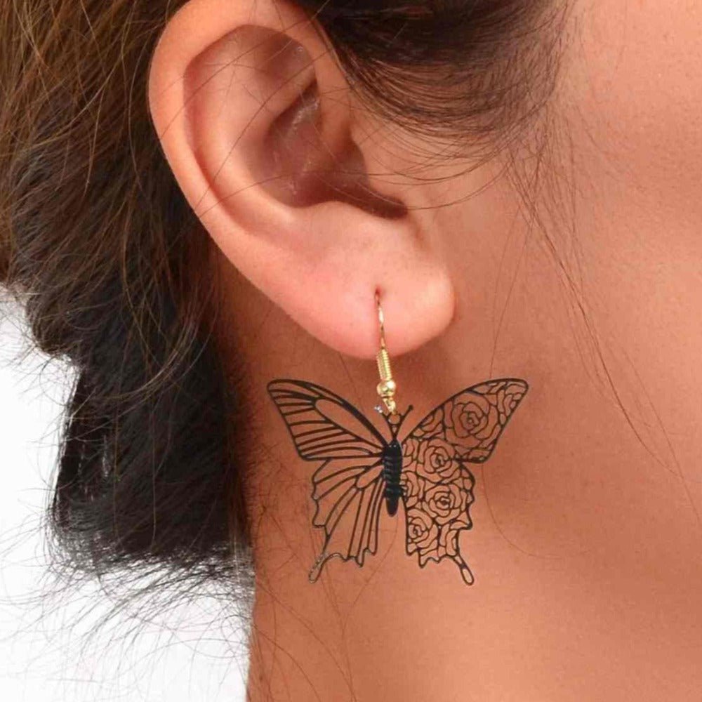 Black Flower & Butterfly Drop Dangle Earrings For Women - Retro Boho Party Jewelry