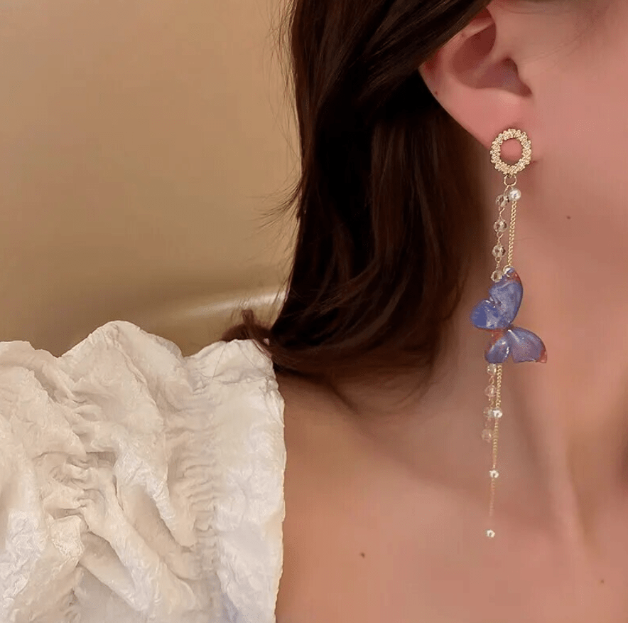 Image of an earring - Butterfly Earrings - Luxury Chain Pearl Earrings - Hypoallergenic Alloy - Blue by Zuzus Trove