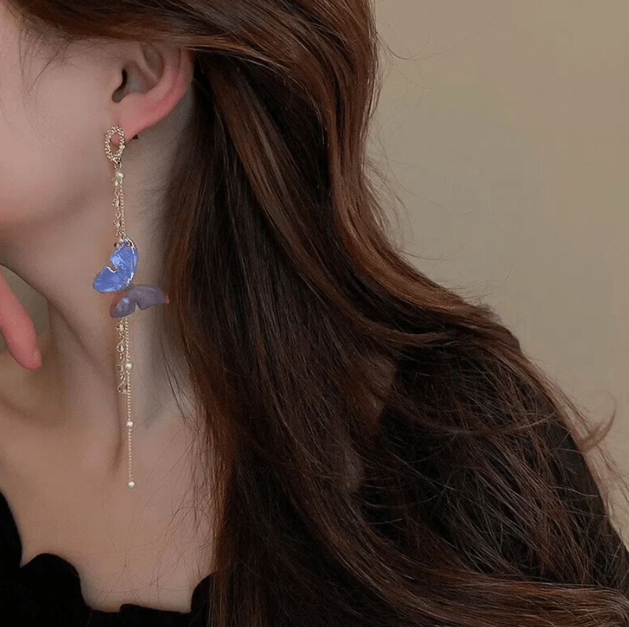 Image of an earring - Butterfly Earrings - Luxury Chain Pearl Earrings - Hypoallergenic Alloy - Blue by Zuzus Trove