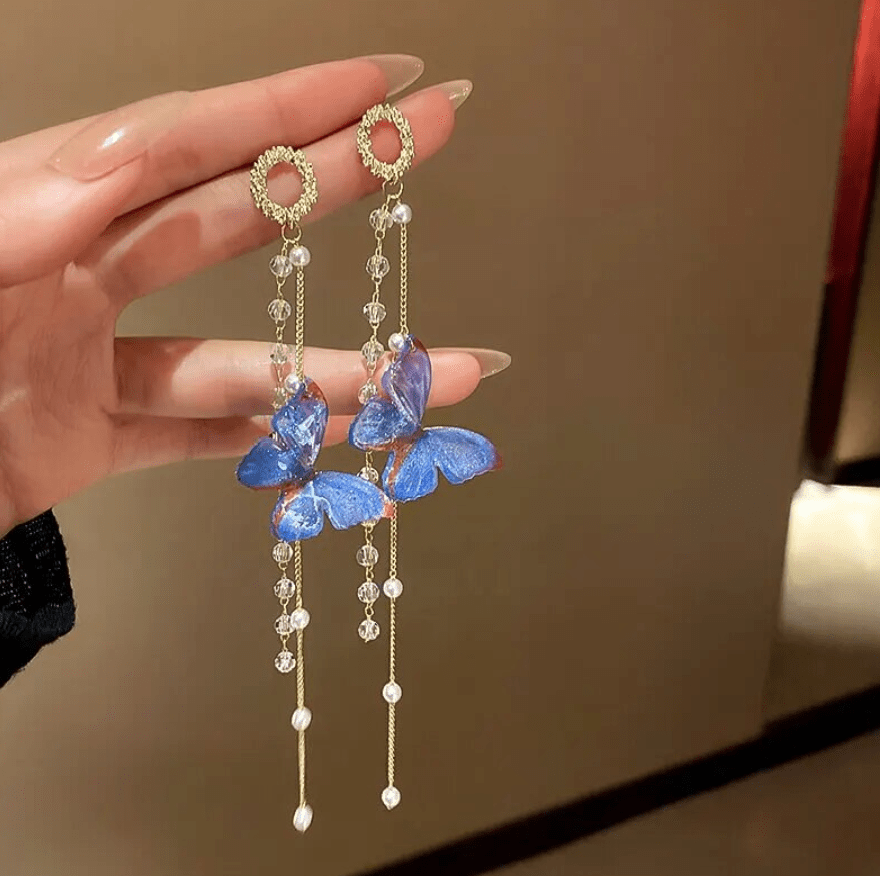 Image of an earring - Butterfly Earrings - Luxury Chain Pearl Earrings - Hypoallergenic Alloy - Blue by Zuzus Trove