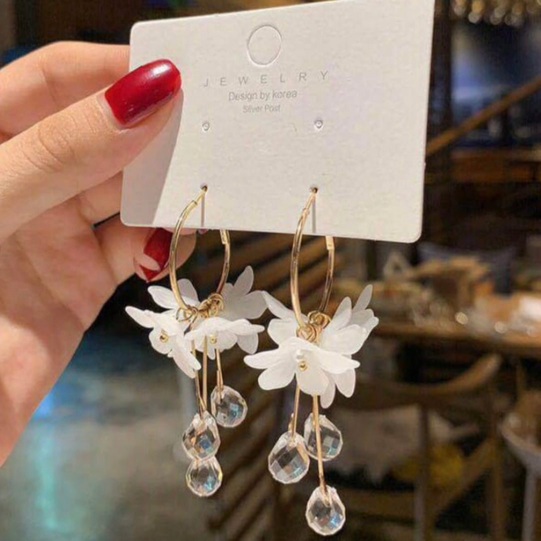 Image of an earring - Korean Earrings - White Flower Hoop Earrings by Zuzus Trove