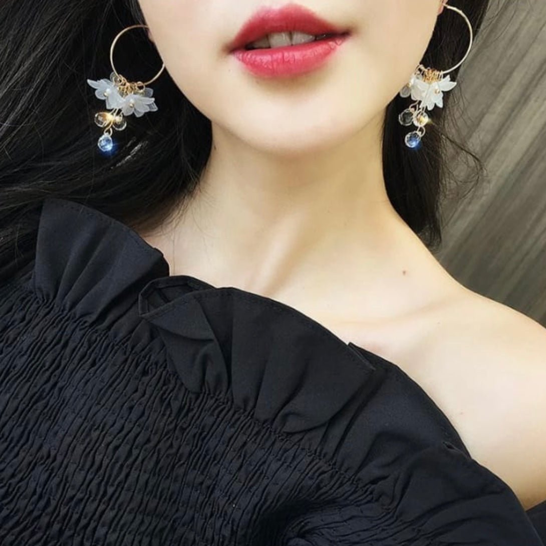 Image of an earring - Korean Earrings - White Flower Hoop Earrings by Zuzus Trove
