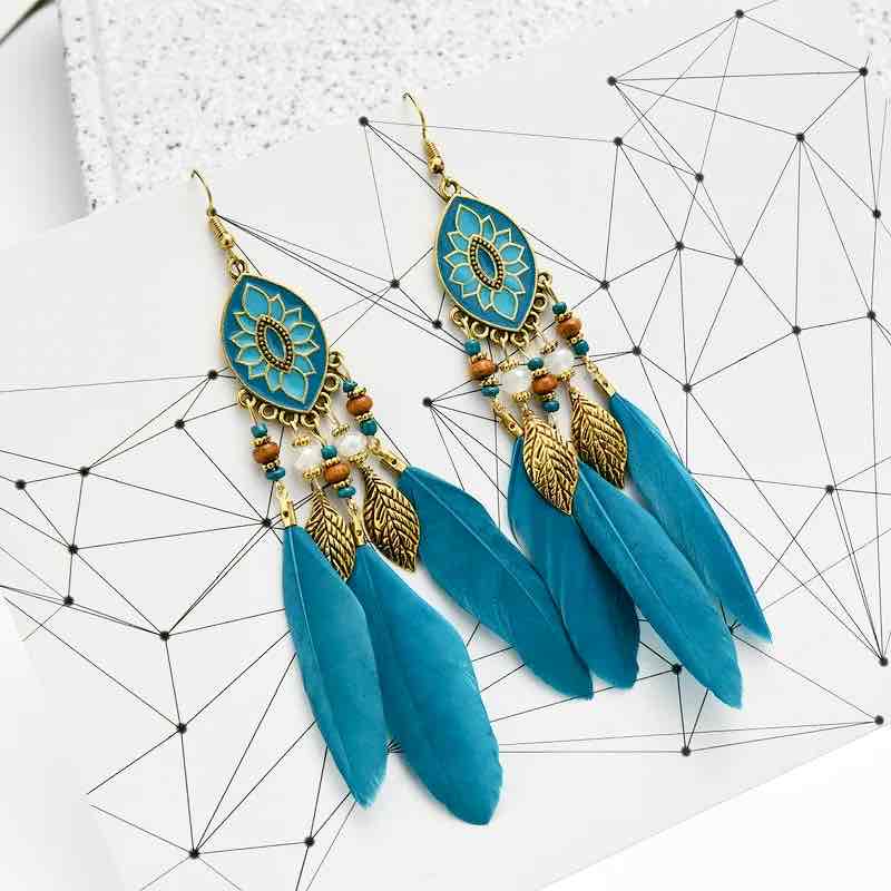 Image of an earring - Premium | Blue Bohemian Feather Earrings - Style 1 by Zuzus Trove