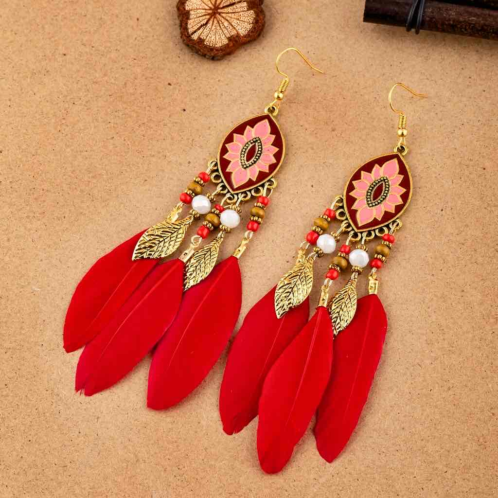 Image of an earring - Premium | Red Bohemian Feather Earrings - Style 1 by Zuzus Trove