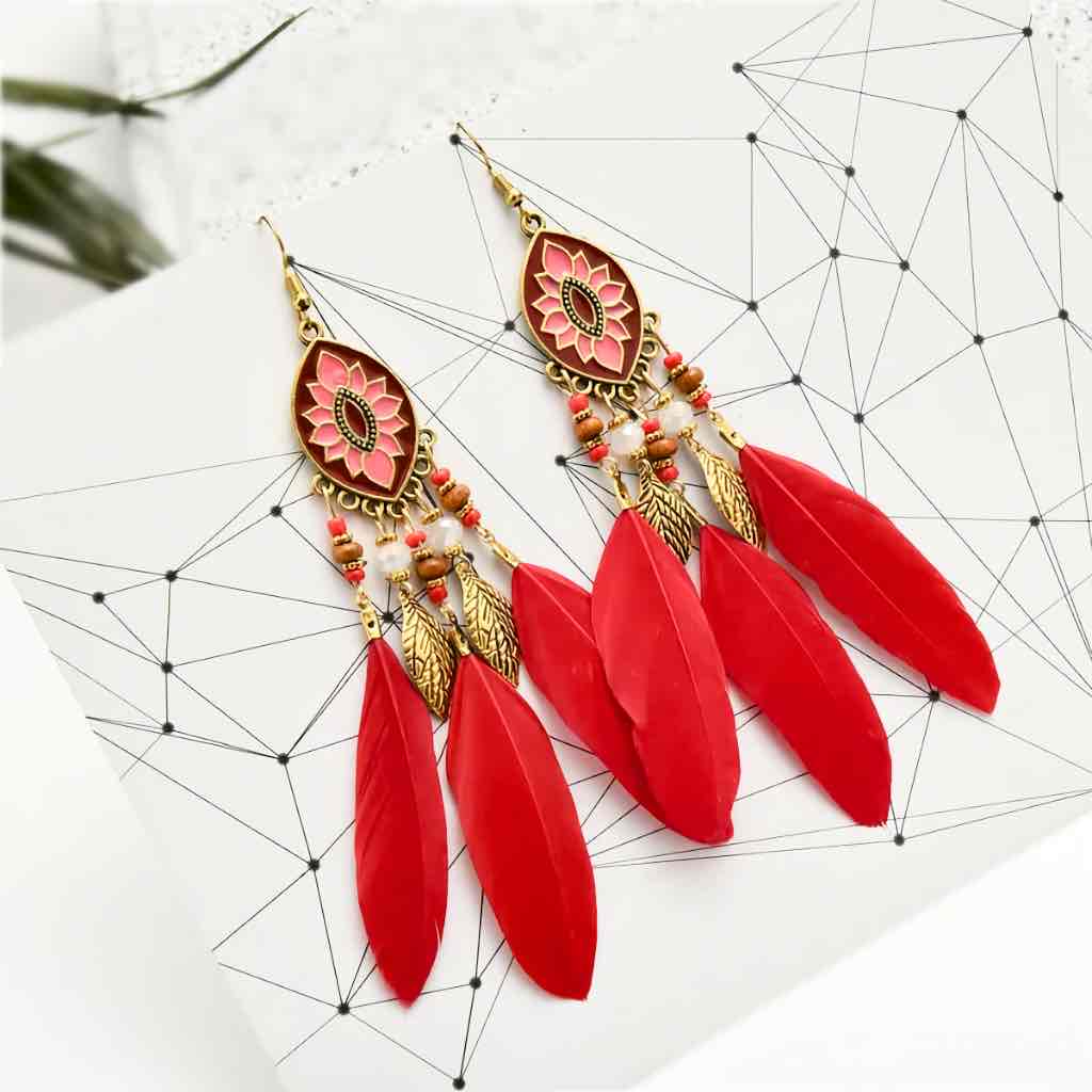 Image of an earring - Premium | Red Bohemian Feather Earrings - Style 1 by Zuzus Trove