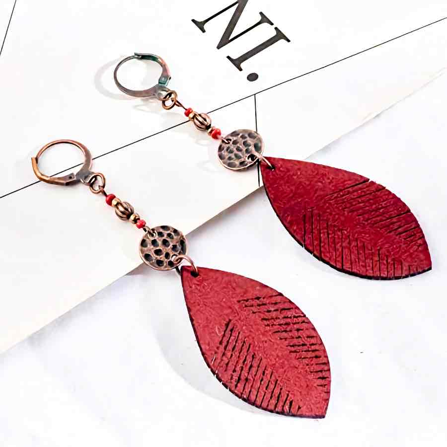 Front view of an earrings - Red Leaf Leather Dangle Earring - Zuzus Trove