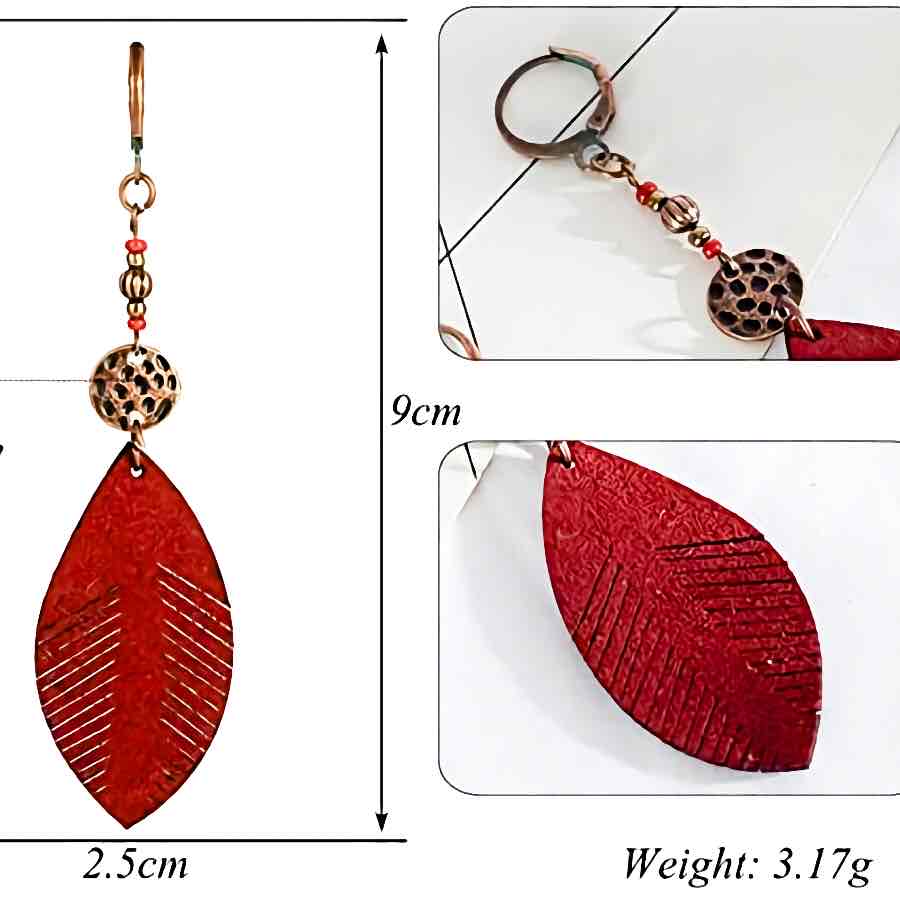 Front view of an earrings - Red Leaf Leather Dangle Earring - Zuzus Trove