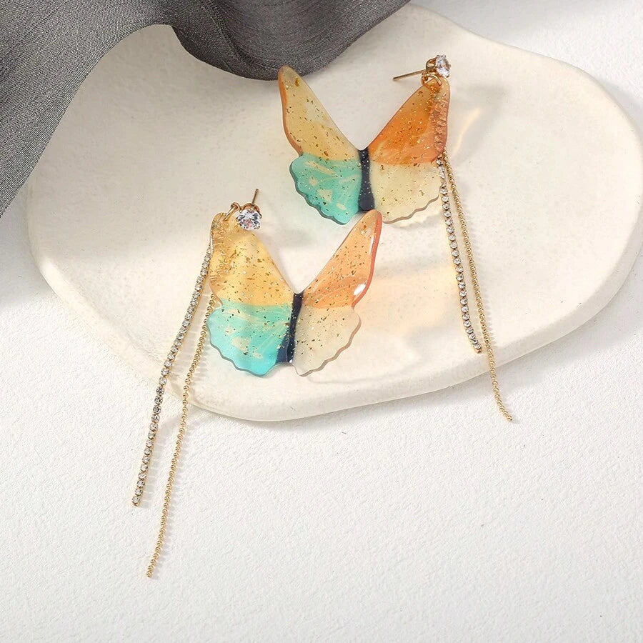 Butterfly Earrings-Orange Earrings-Gold Chain Earrings