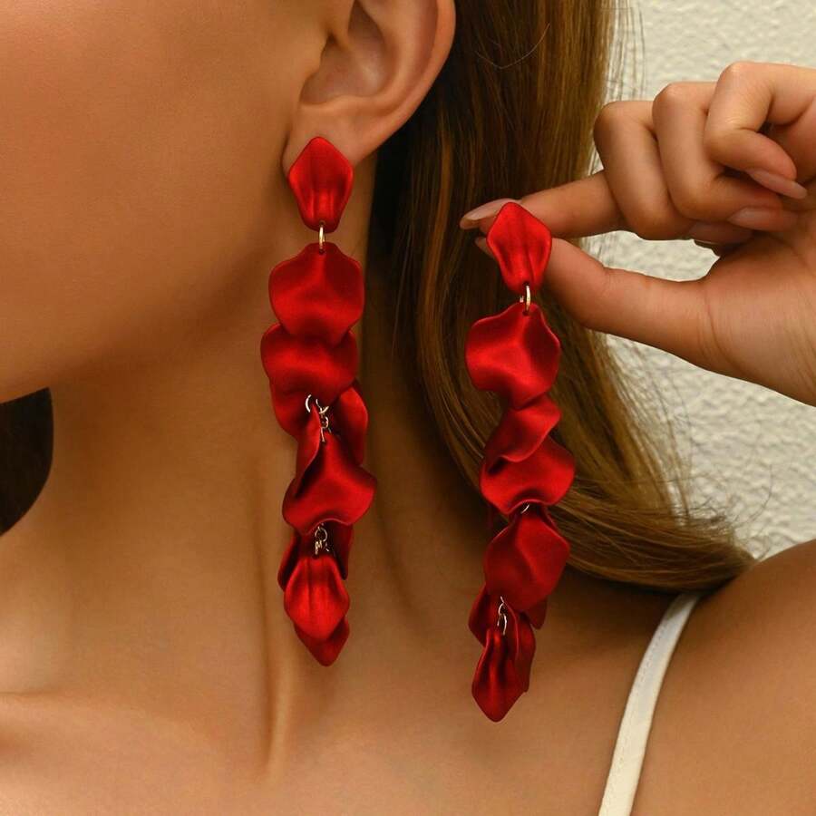 Korean earrings - Leaf Earrings - Long Drop Statement Earrings - Red