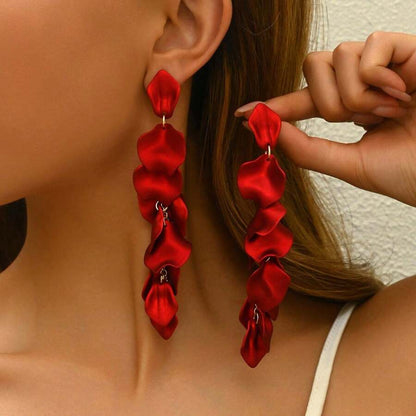 Korean earrings - Leaf Earrings - Long Drop Statement Earrings - Red