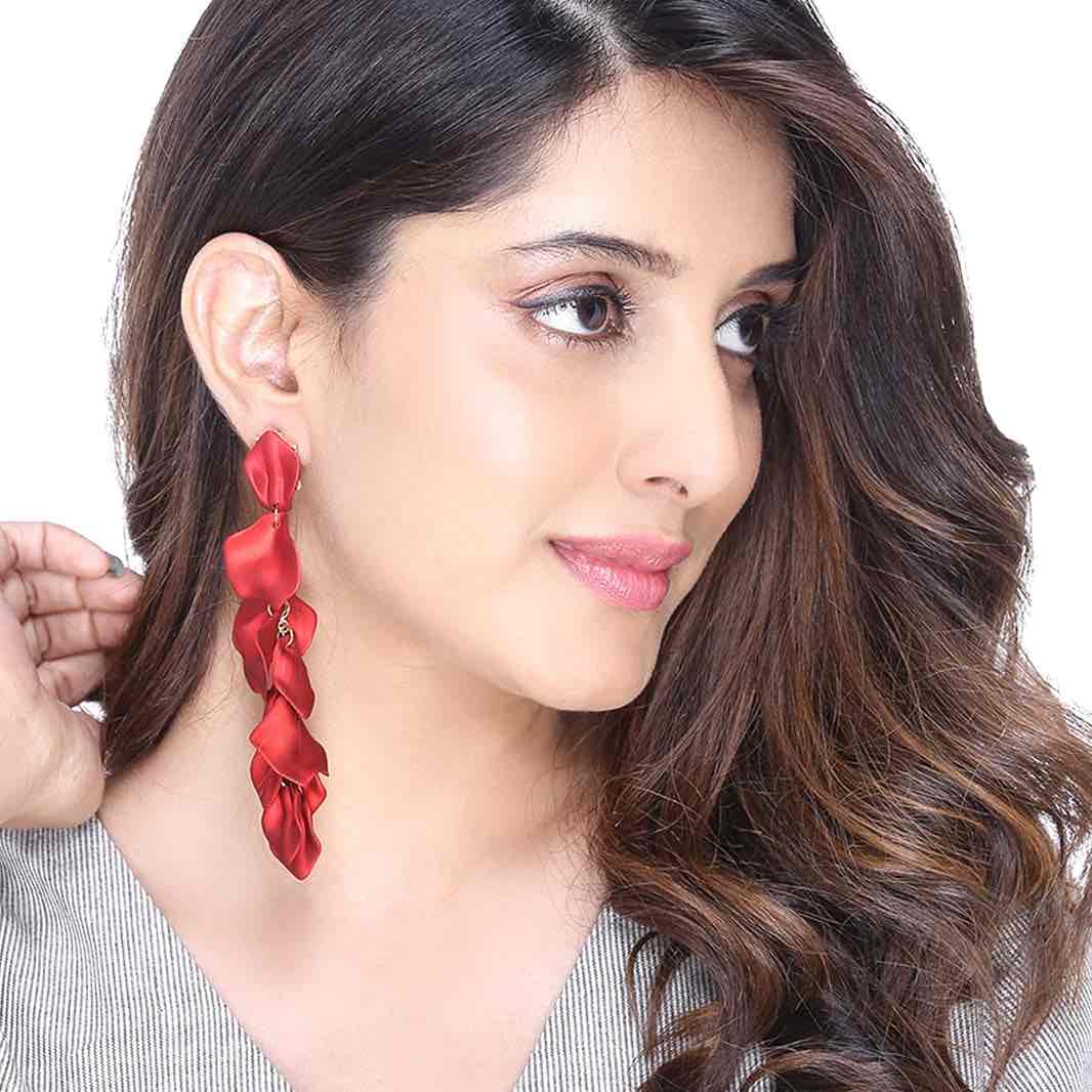 Korean earrings - Leaf Earrings - Long Drop Statement Earrings - Red