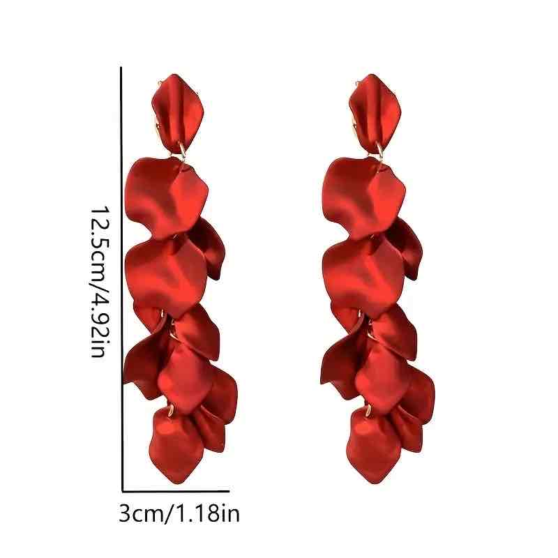 Korean earrings - Leaf Earrings - Long Drop Statement Earrings - Red