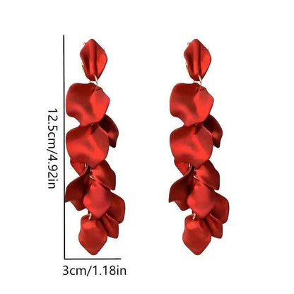 Korean earrings - Leaf Earrings - Long Drop Statement Earrings - Red