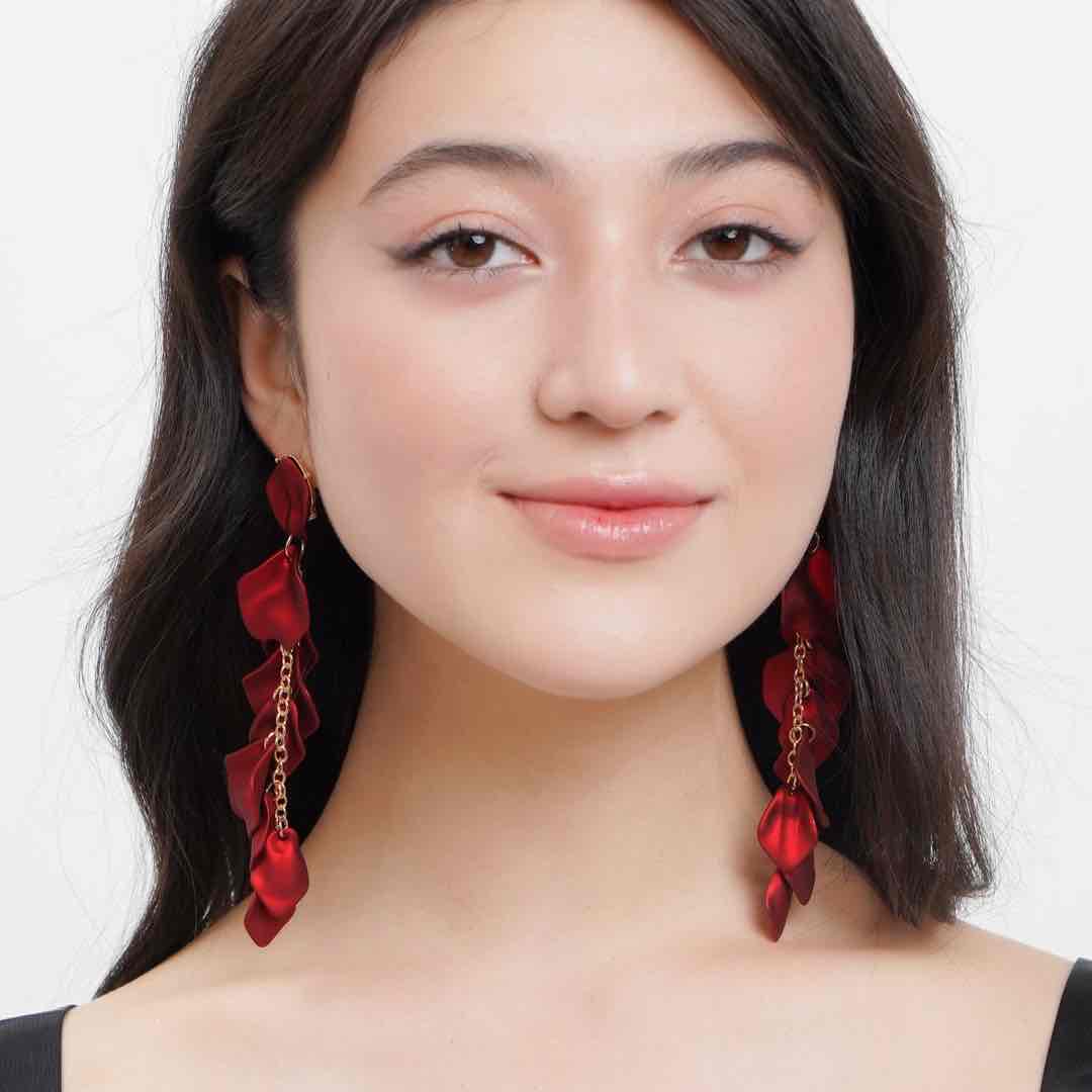 Korean earrings - Leaf Earrings - Long Drop Statement Earrings - Red