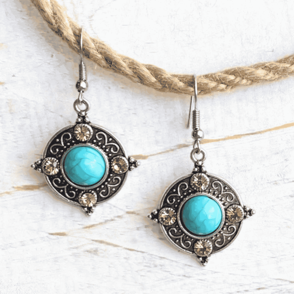 1-Metal dangle earrings - Rustic Metal Turquoise Bead Drops
