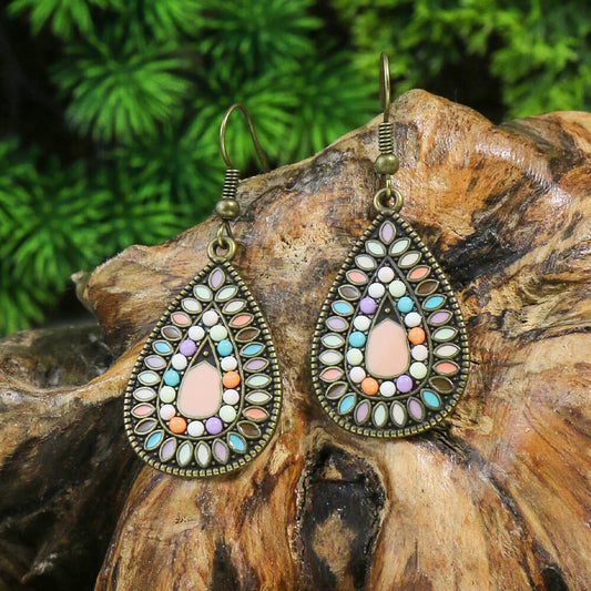 1- Boho Teardrop Earrings - Ethnic Metal Earrings(Pink)